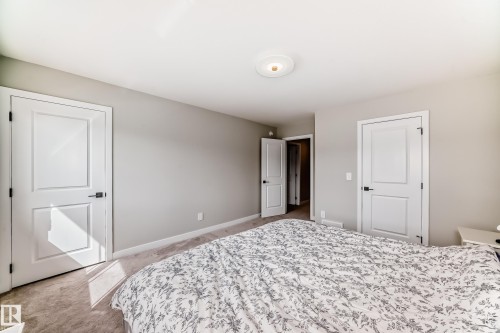 Spacious bedroom featuring light-colored walls, carpeted flooring, two white panel doors with dark hardware, and a ceiling-mounted light fixture - 4231 206 Street, Edmonton, AB 