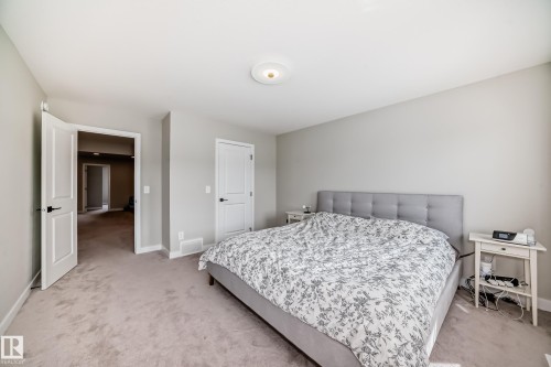 Spacious bedroom featuring plush gray carpeting, light gray wall paint, and crisp white trim - 4231 206 Street, Edmonton, AB 