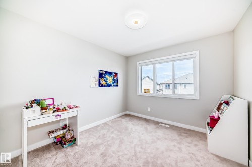 Carpeted room featuring a white-framed window, light-toned walls, white trim, and an overhead flush-mount light fixture - 4231 206 Street, Edmonton, AB 