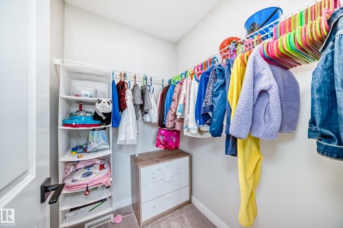 Walk-in closet featuring wire shelving, hanging storage, and neutral-toned carpeting - 4231 206 Street, Edmonton, AB 