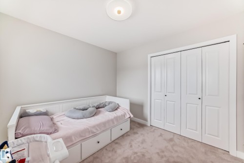 Neutral wall paint, plush carpet, and a flush-mount ceiling light fixture create a comfortable atmosphere - 4231 206 Street, Edmonton, AB 