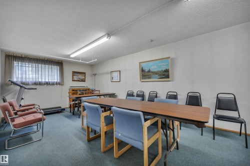 Open-plan room featuring carpet flooring, painted walls, and a drop ceiling with fluorescent lighting - 305 5212 48 Avenue, Wetaskiwin, AB 