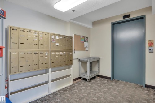 Mailbox area featuring multiple rows of individual mailboxes, an elevator with a gray door, and patterned carpet flooring - 305 5212 48 Avenue, Wetaskiwin, AB 