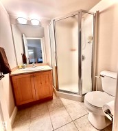 Bathroom featuring a corner shower enclosure with frosted glass, a light wood-finish vanity with an integrated sink, and an overhead lighting fixture - 