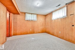Finished basement room featuring light wood paneling, light gray carpeting, and a drop ceiling - 