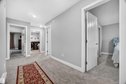 Central hallway featuring light gray walls, recessed lighting, and soft gray carpeting - 