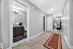 Hallway featuring light gray walls, carpet flooring, and white trim - 