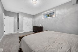 Spacious room with light gray walls, plush gray carpet, a white trim window, a modern ceiling light fixture, and two white panel doors - 
