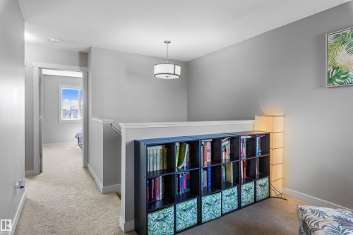 Carpeted hallway featuring a contemporary flush-mount light fixture and light gray wall paint - 1651 Hammond Crescent, Edmonton, AB 