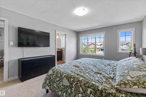 Carpeted bedroom with light gray walls, two windows, and a ceiling-mounted light fixture - 1651 Hammond Crescent, Edmonton, AB 