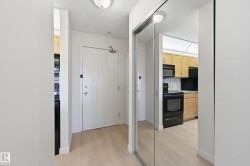 Entryway featuring wood-finish flooring, a white entry door, and a mirrored closet - 