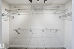 Closet featuring wire shelving system, track lighting, and carpet flooring - 