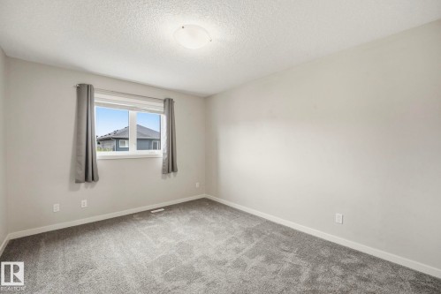 Neutral-toned room with light gray walls, plush gray carpet, a white window frame, and a flush-mount ceiling light fixture - 33 Riviere Terrace, St. Albert, AB 