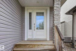Entryway featuring a white door with decorative glass, a side light with patterned glass, and a stone-clad pillar - 