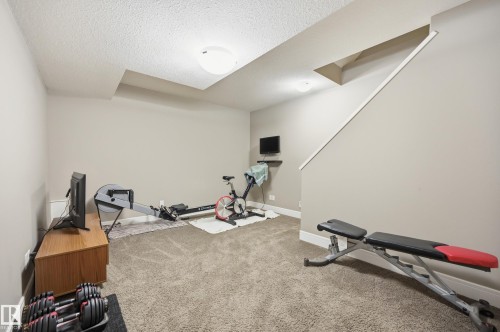 Carpeted room featuring neutral wall paint, recessed lighting, and a textured ceiling - 5430 Edworthy Way, Edmonton, AB - Indoor Photo Showing Gym Room