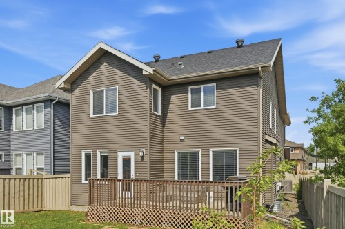 Rear exterior featuring brown horizontal siding, a dark shingle roof, a ground-level wood deck with lattice skirting, and a wooden privacy fence - 5430 Edworthy Way, Edmonton, AB - Outdoor With Deck Patio Veranda