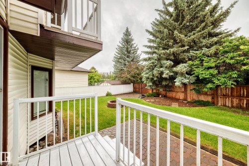 Spacious backyard with mature evergreen trees and a wood privacy fence - 9843 188 Street, Edmonton, AB 