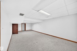 Spacious room featuring light gray carpeting, white walls, and wood trim - 