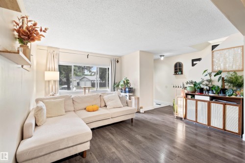 Spacious living area featuring wood-finish flooring, ample natural light from a large window, neutral wall tones, and a built-in storage unit - 359 Kirkpatrick Crescent, Edmonton, AB 