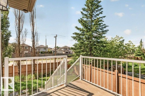 Wood-finish deck with white metal railing and steps, bordered by a wooden privacy fence - 39 Wilkinson Place, Leduc, AB 