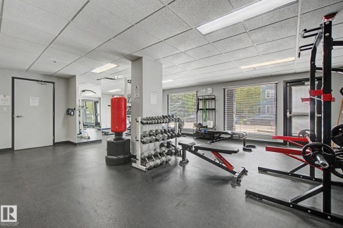 Dedicated fitness center featuring rubber flooring and extensive workout equipment - 413 10116 80 Avenue, Edmonton, AB 