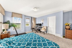 Spacious room featuring light blue walls, multiple white-trimmed windows with blinds, a white paneled door, and neutral carpet flooring - 