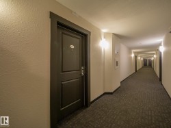 Textured walls with sconce lighting illuminate a hallway featuring a dark wood-paneled door with trim, dark baseboards, and patterned carpet flooring - 