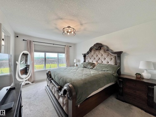 Bright bedroom with plush carpeting and a large window featuring horizontal blinds - 33 Sumac Close, Fort Saskatchewan, AB 