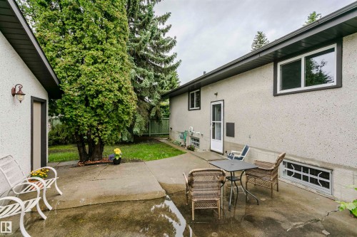 Concrete patio featuring access to the residence, a screen door, and multiple windows - 14231 80 Street, Edmonton, AB 