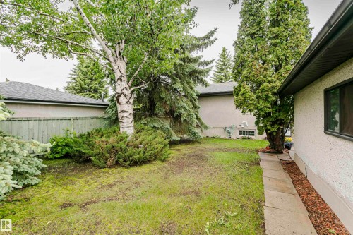 Private backyard space featuring mature trees, established shrubbery, a concrete paver walkway, wood fencing, and a stucco exterior - 14231 80 Street, Edmonton, AB 