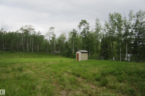 Expansive grassy lot featuring a small storage shed with a brown door - 220- 11502 Twp Rd 604 S, Rural St. Paul County, AB 