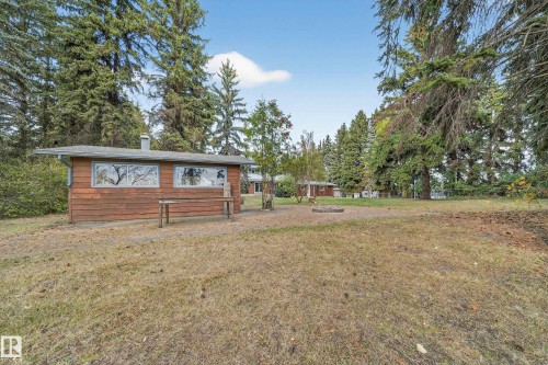 Freestanding wooden structure with multiple windows, surrounded by mature evergreen trees - 707 65 Avenue, Edmonton, AB 