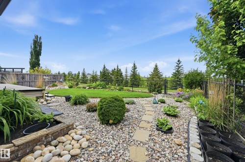 Expansive backyard featuring a manicured lawn, natural stone pathways, mature trees, a wooden deck, and a mix of pebble and planted garden beds - 7460 Singer Landing, Edmonton, AB 