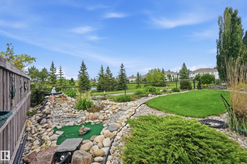Landscaped backyard featuring a rock garden with a multi-tiered water feature, a shaped lawn area, and tall privacy trees - 7460 Singer Landing, Edmonton, AB 