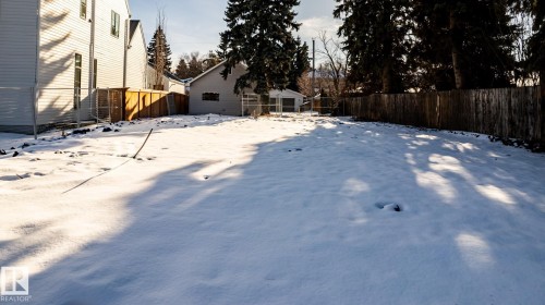 Expansive rear yard featuring a partial wood fence, a partial chain-link fence, and mature evergreen trees - 14307 Summit Drive, Edmonton, AB 