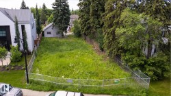 Expansive undeveloped lot featuring mature perimeter trees, a chain-link fence boundary, and established neighboring properties - 