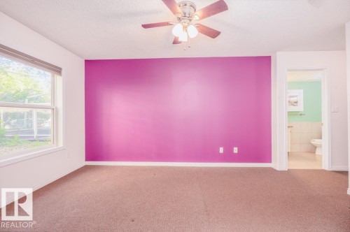Carpeted room featuring a ceiling fan with integrated lighting, a large window with roller shades, and a vibrant accent wall - 108 12028 103 Avenue, Edmonton, AB 