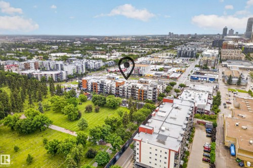 Aerial perspective highlighting a multi-story residential building - 410 10531 117 Street, Edmonton, AB 