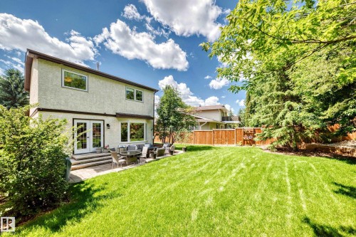 Expansive backyard featuring a large green lawn, mature trees, and a wooden privacy fence - 15146 Ramsay Crescent, Edmonton, AB 
