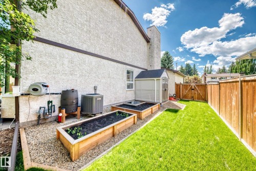 Private backyard featuring a manicured lawn, raised garden beds, and a wood fence - 15146 Ramsay Crescent, Edmonton, AB 