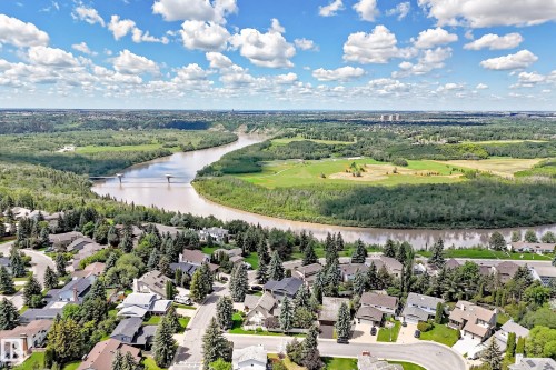 Aerial perspective showcasing a residential area with mature trees - 15146 Ramsay Crescent, Edmonton, AB 