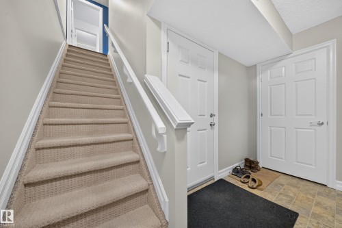 Carpeted staircase with white balusters and handrails - 64 655 Tamarack Road, Edmonton, AB 