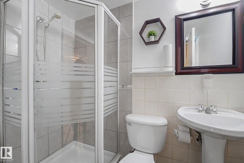 Shower enclosure with frosted privacy bands, tile surround, pedestal sink, and mounted mirror - 10242 161 Street, Edmonton, AB 