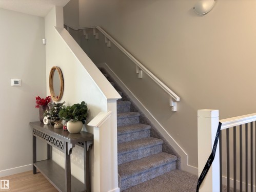Carpeted staircase with white handrail and balusters, featuring light-toned walls and wood-finish flooring - 9952 227 Street, Edmonton, AB 