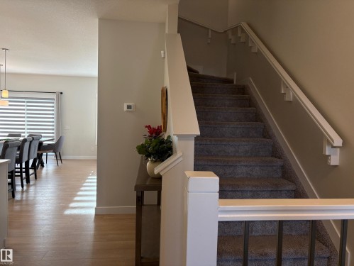 Carpeted staircase with white railings and dark metal balusters - 9952 227 Street, Edmonton, AB 