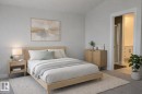 Virtually staged. Carpeted bedroom featuring a light wood-finish bed frame and coordinating nightstands - 9952 227 Street, Edmonton, AB 