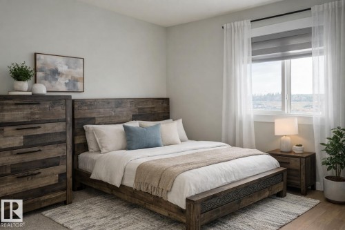Virtually staged. Bright room featuring a large window with sheer curtains, wood-finish flooring, and light-toned walls - 9952 227 Street, Edmonton, AB 