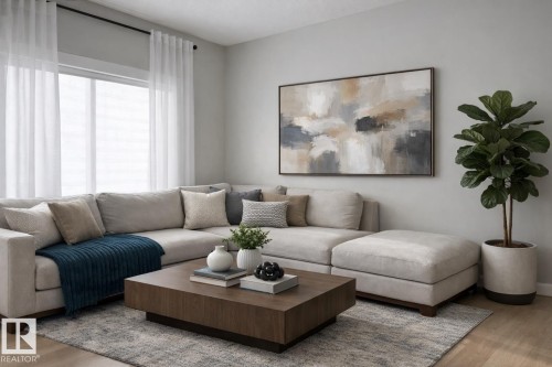 Virtually staged. Living space featuring a large window with sheer draperies, light wood-finish flooring, and light gray wall paint - 9952 227 Street, Edmonton, AB 