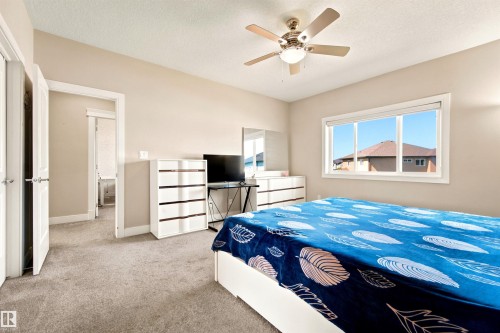 Bedroom featuring carpet flooring, neutral-toned walls, and a multi-pane window - 5110 Rue Eaglemont, Beaumont, AB 