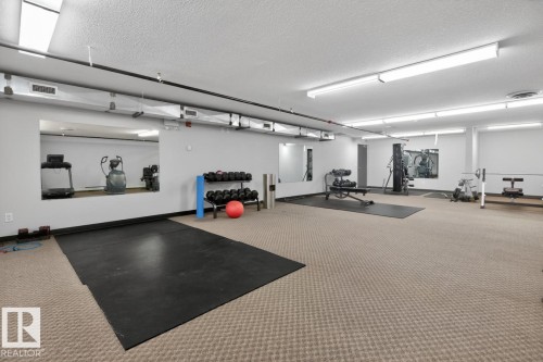 Dedicated fitness room featuring carpeted flooring, mirrored walls, and flush-mounted ceiling lighting - 320 5005 165 Avenue, Edmonton, AB - Indoor Photo Showing Garage